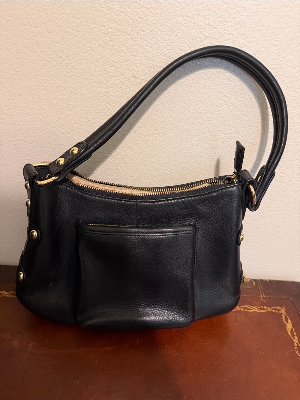 Latico Black Pebbled Leather Shoulder Bag Gold Hardware Vintage